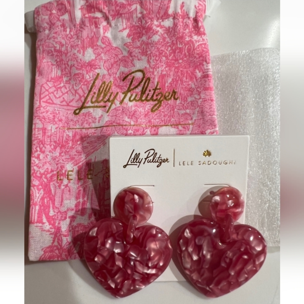 LILLY PULITZER x Lele Sadoughi Women's Pink Heart Drop Earrings Post Back New